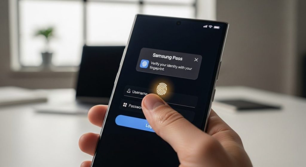 Persona sujetando un smartphone Samsung desbloqueando con escáner de huella