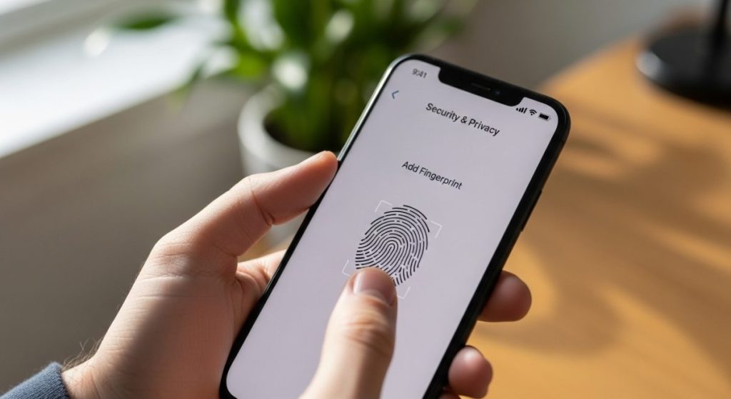 Pulgar sobre pantalla de smartphone en ajustes de seguridad y privacidad