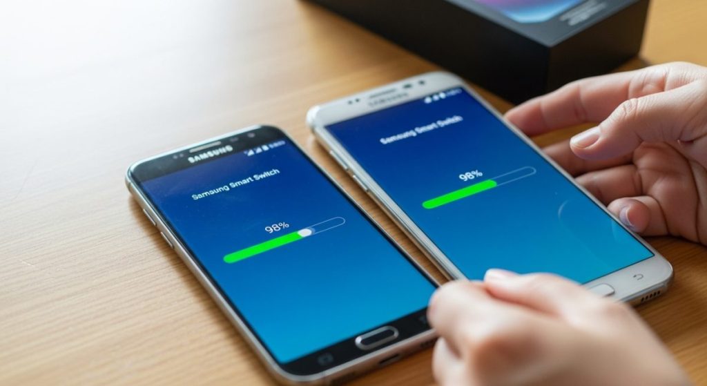 Samsung smartphones durante transferencia de datos con Smart Switch visible