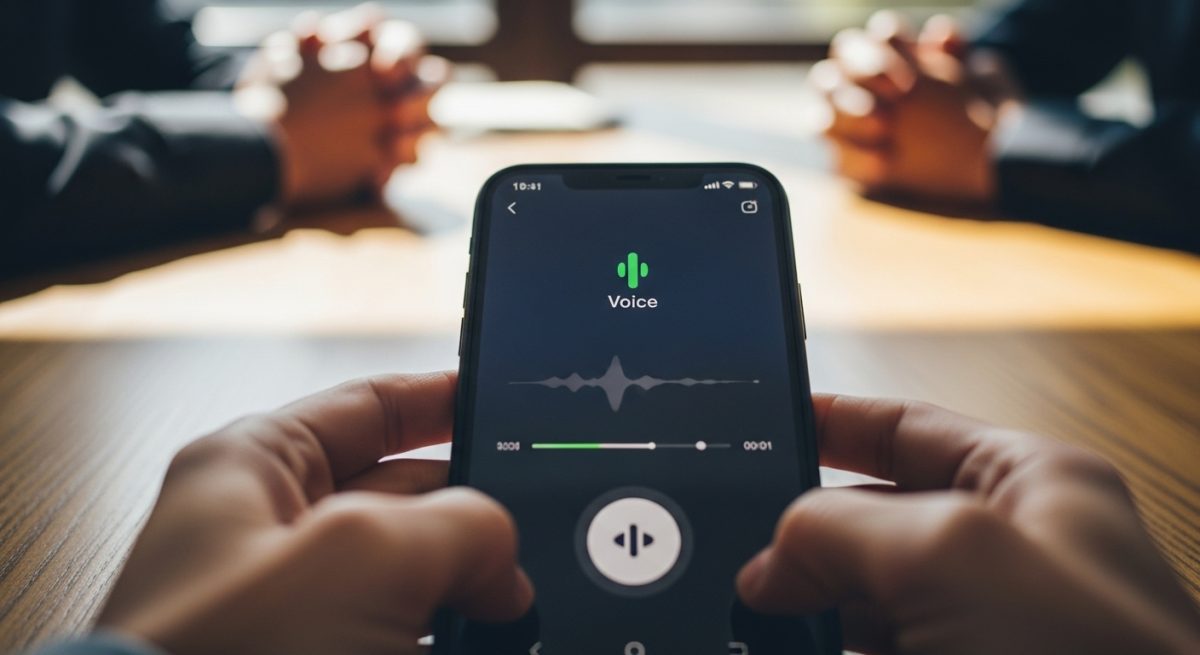 Smartphone moderno con aplicación de grabación de voz en pantalla
