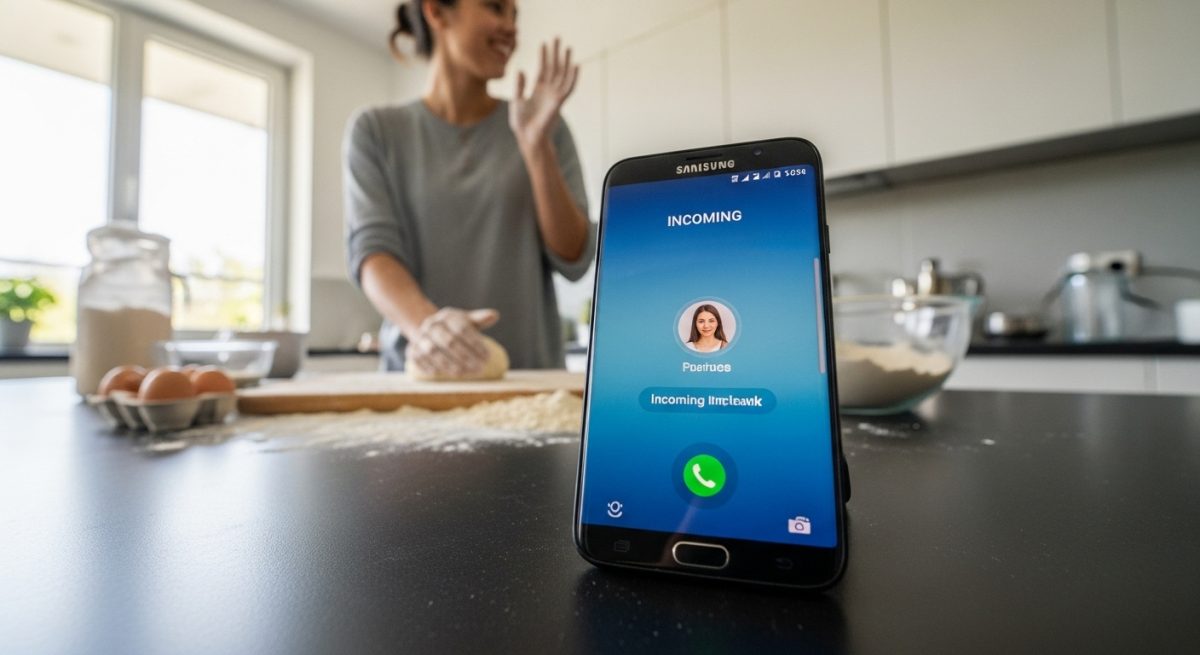 Smartphone Samsung Galaxy vibrando en cocina moderna manos con harina detrás