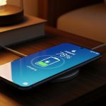 Smartphone Xiaomi en base de carga sobre mesita de noche elegante