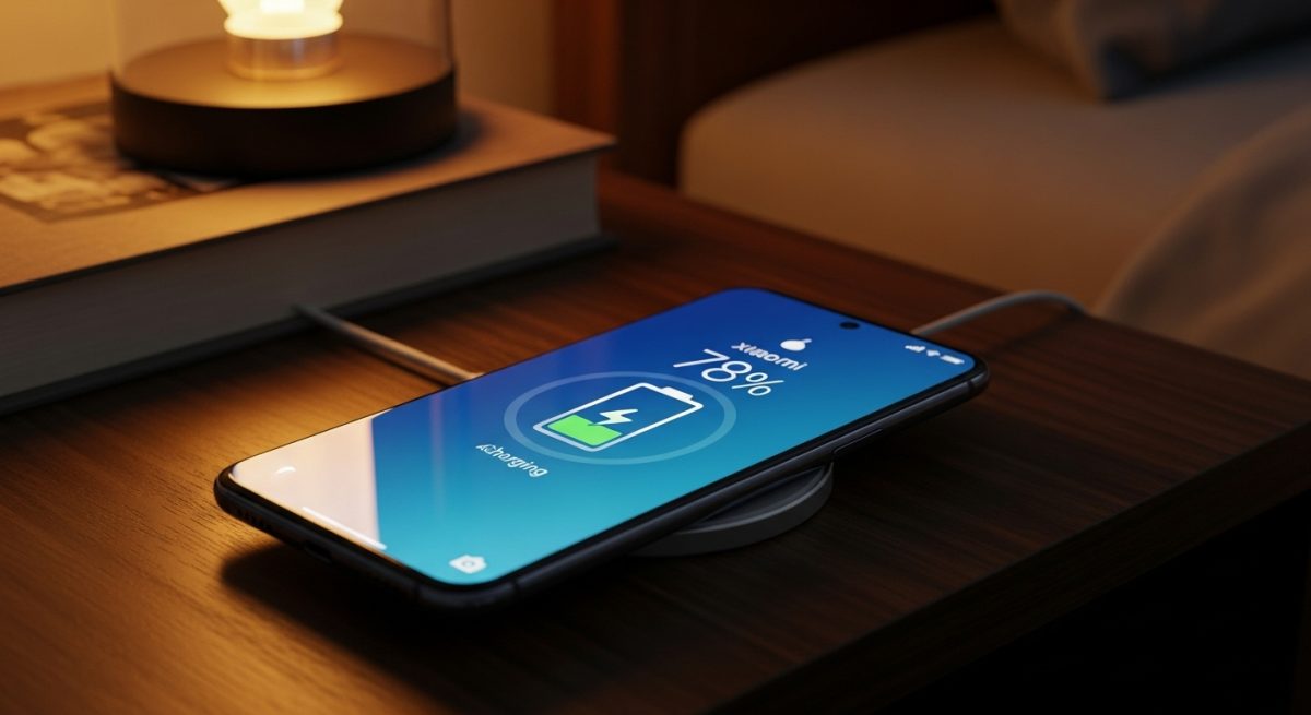 Smartphone Xiaomi en base de carga sobre mesita de noche elegante