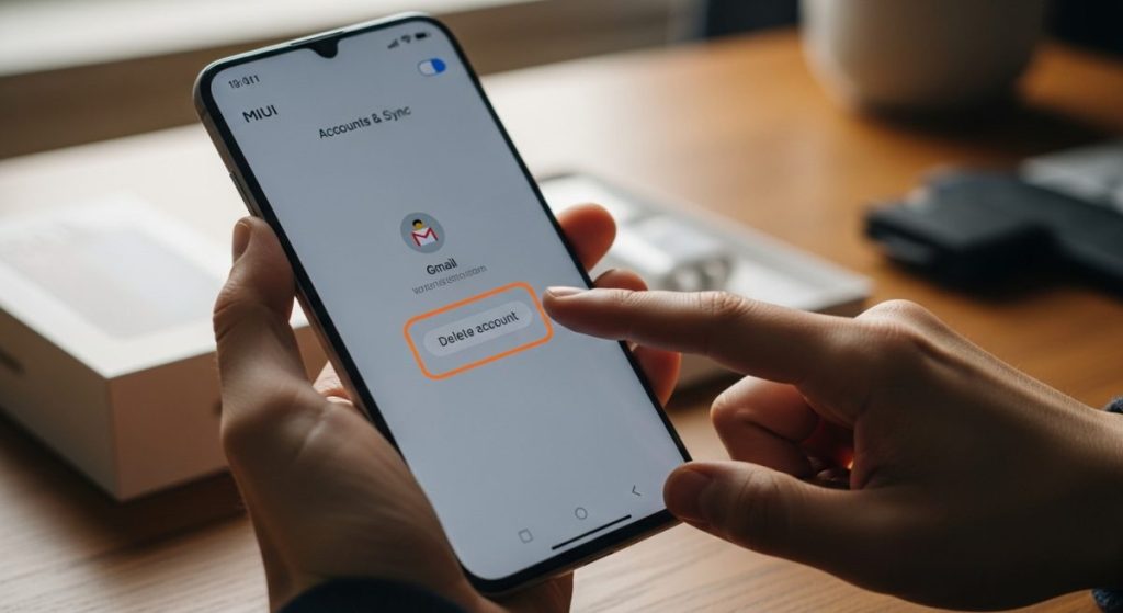 Smartphone Xiaomi pantalla ajustes opción Eliminar cuenta dedo índice