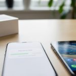 Smartphones Android y iPhone en transferencia de datos sobre mesa