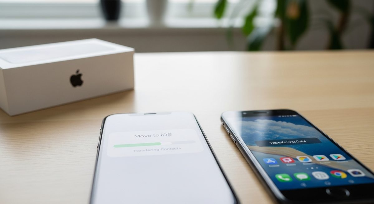 Smartphones Android y iPhone en transferencia de datos sobre mesa