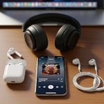 Auriculares y iPhone en mesa minimalista con luz natural