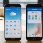 Comparación de Samsung Galaxy y Apple iPhone en escritorio de madera