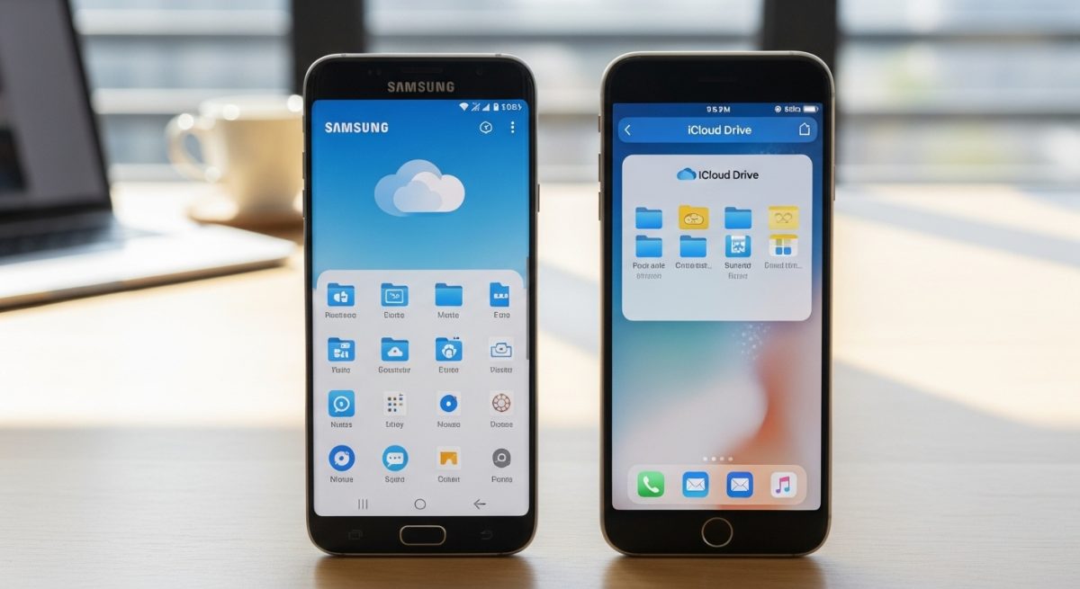 Comparación de Samsung Galaxy y Apple iPhone en escritorio de madera