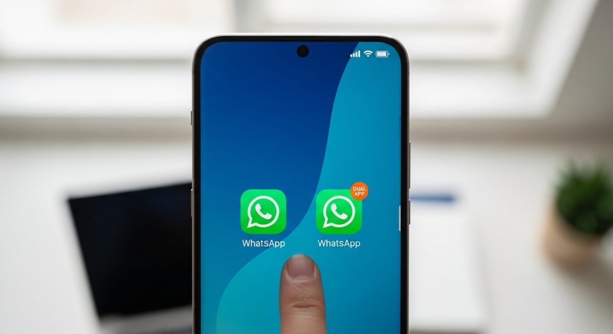 Dedo tocando pantalla de smartphone Xiaomi con dos iconos de WhatsApp