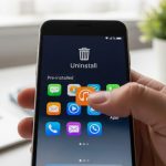 Dedos arrastrando ícono de app hacia papelera en pantalla táctil