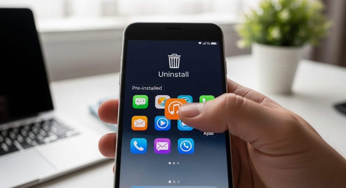 Dedos arrastrando ícono de app hacia papelera en pantalla táctil