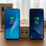 Dos smartphones modernos Samsung y Xiaomi cargando sobre escritorio minimalista