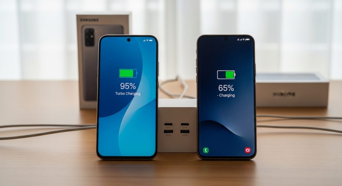 Dos smartphones modernos Samsung y Xiaomi cargando sobre escritorio minimalista