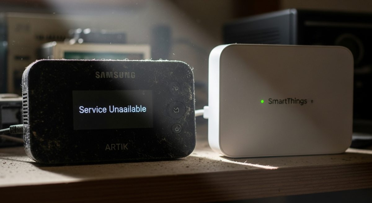 Hub Samsung ARTIK antiguo y polvo junto a SmartThings moderno
