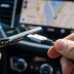 Mano conectando un cable USB-C a un smartphone en coche