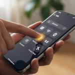 Mano moviendo icono de linterna en smartphone sin bordes 4K