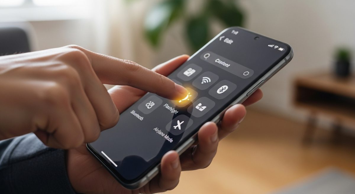 Mano moviendo icono de linterna en smartphone sin bordes 4K