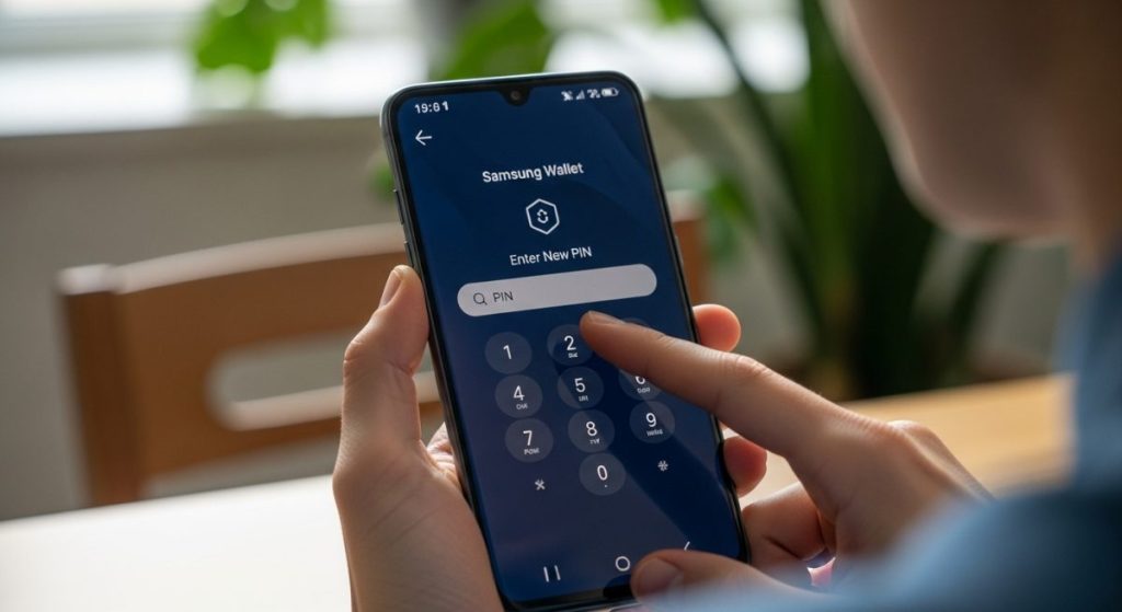 Mano sosteniendo Samsung Galaxy con pantalla de app Samsung Wallet