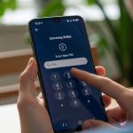 Mano sosteniendo Samsung Galaxy con pantalla de app Samsung Wallet
