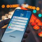 Mano sosteniendo smartphone Samsung con pantalla mostrando notificaciones y logo