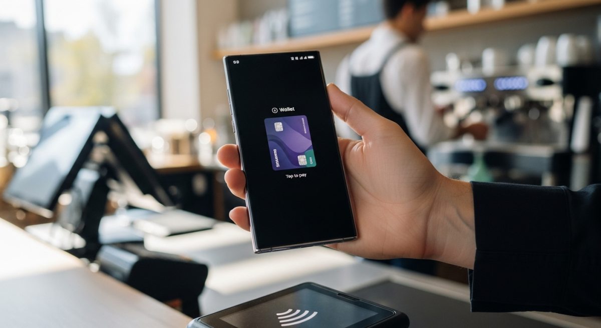 Mano sosteniendo smartphone Samsung con Samsung Wallet en cafetería moderna