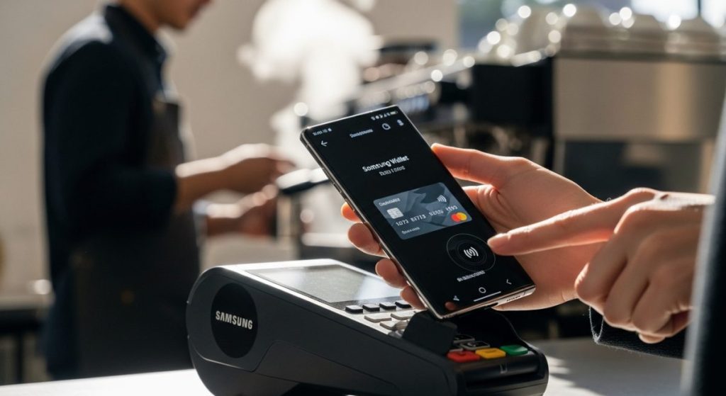 Mano sosteniendo smartphone Samsung usando Samsung Wallet para pago sin contacto