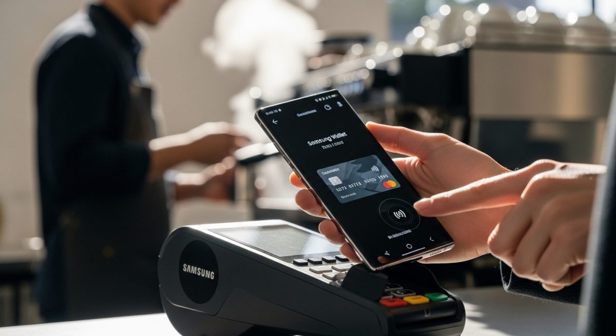 Mano sosteniendo smartphone Samsung usando Samsung Wallet para pago sin contacto