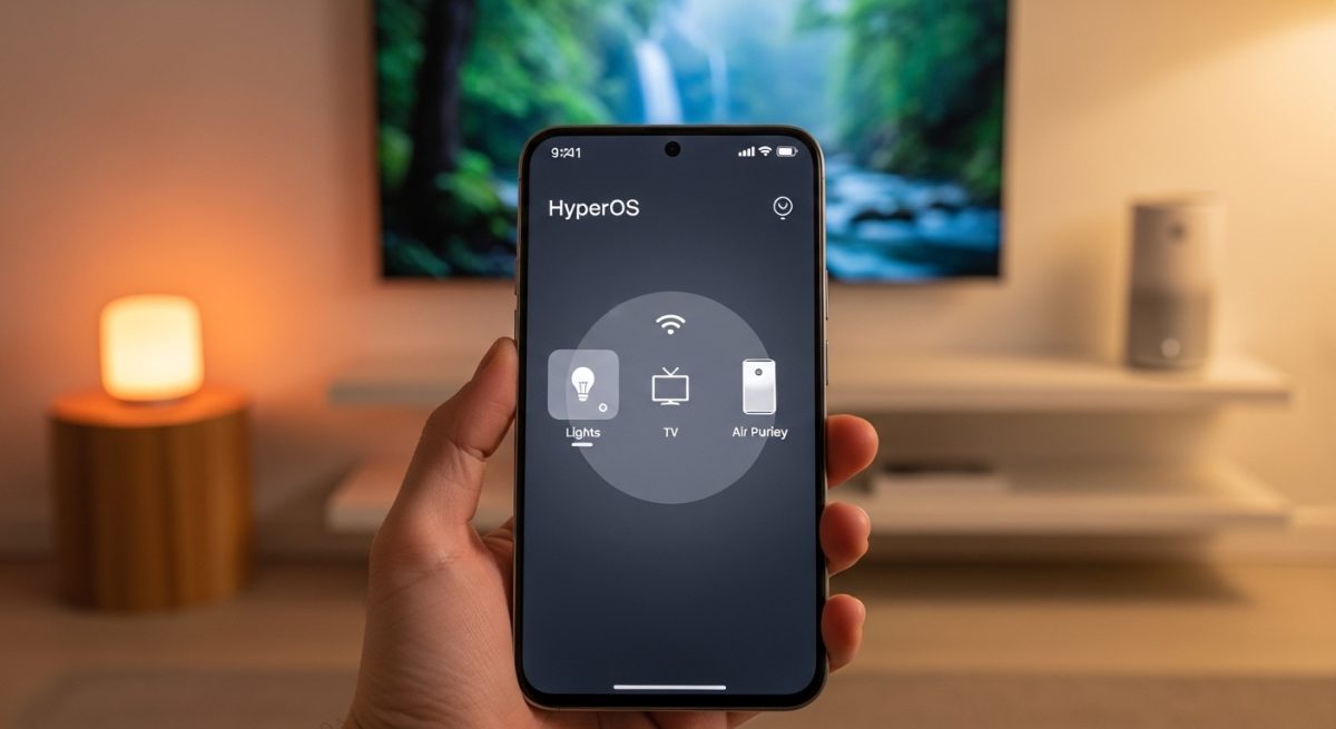 Mano sosteniendo smartphone Xiaomi con HyperOS en un hogar inteligente