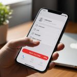 Mano sosteniendo un iPhone bloqueando un contacto en oficina hogareña