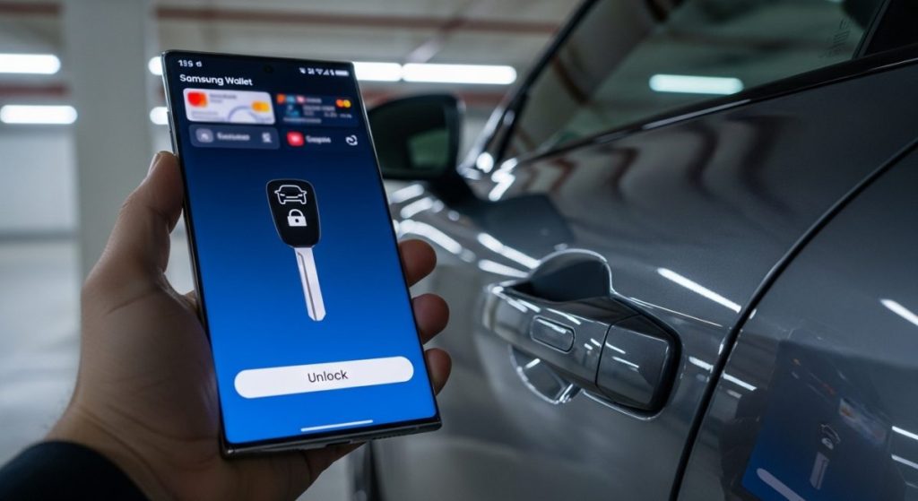 Mano sosteniendo un Samsung Galaxy mostrando la app Samsung Wallet
