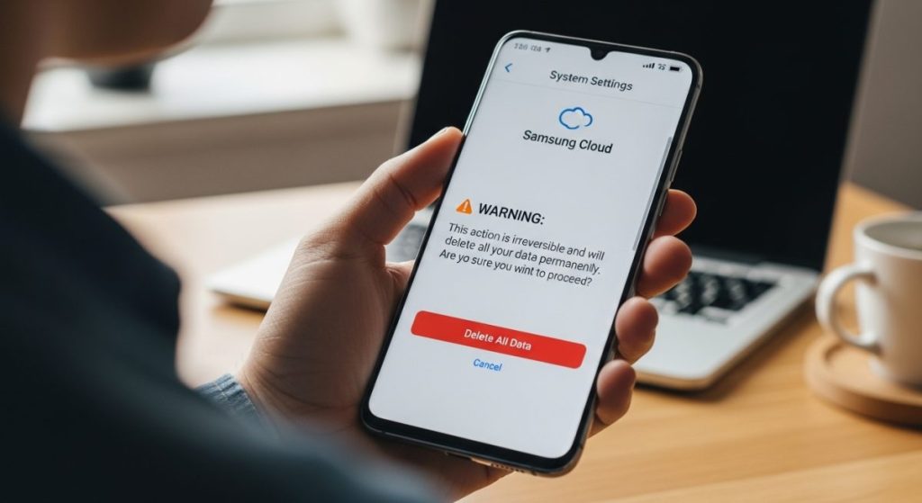 Mano sosteniendo un Samsung Galaxy sobre botón de eliminar datos