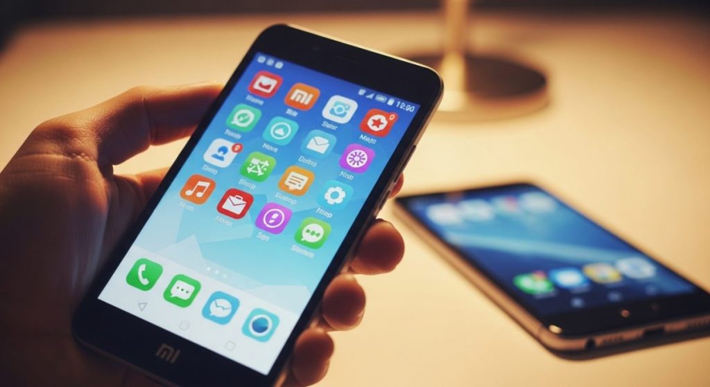 Mano sosteniendo un smartphone clásico Xiaomi con logo MI