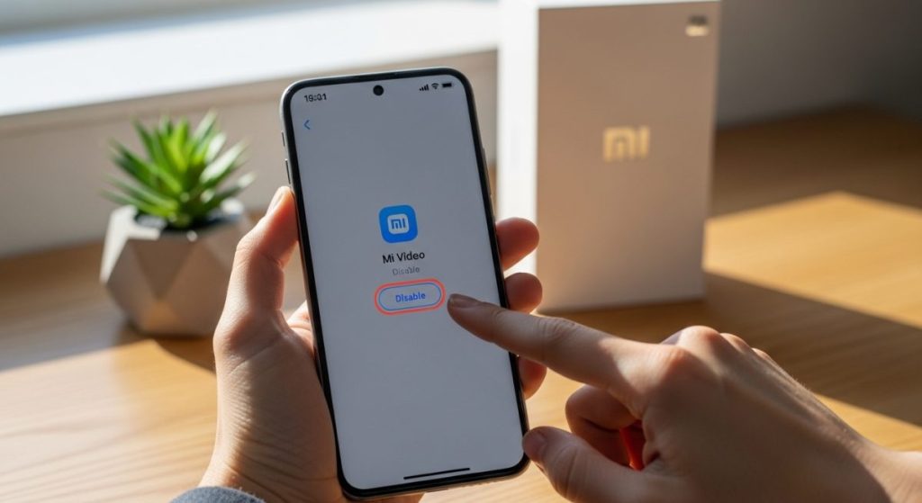 Mano sosteniendo un smartphone con dedo sobre botón desactivar Mi Video