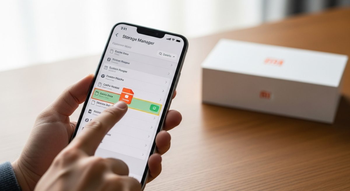 Mano sosteniendo un smartphone moderno con ícono de eliminar visible