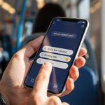 Mano sosteniendo un smartphone moderno mostrando una app de mensajería