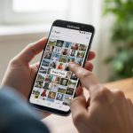 Mano sosteniendo un smartphone Samsung a punto de vaciar papelera