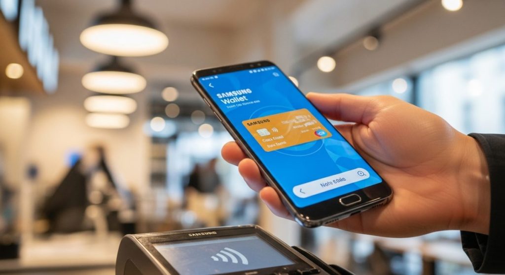Mano sosteniendo un smartphone Samsung al hacer un pago digital