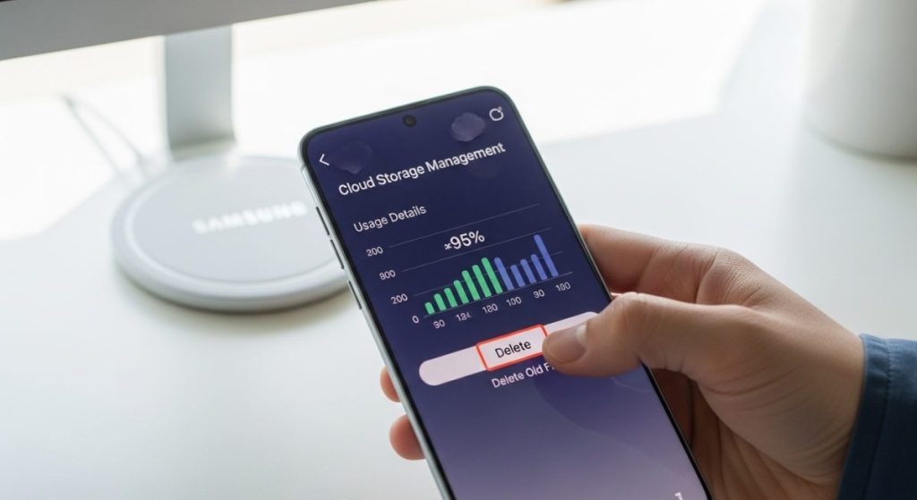 Mano sosteniendo un smartphone Samsung con botón de eliminar visible
