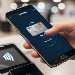 Mano sosteniendo un smartphone Samsung en pago contactless en tienda