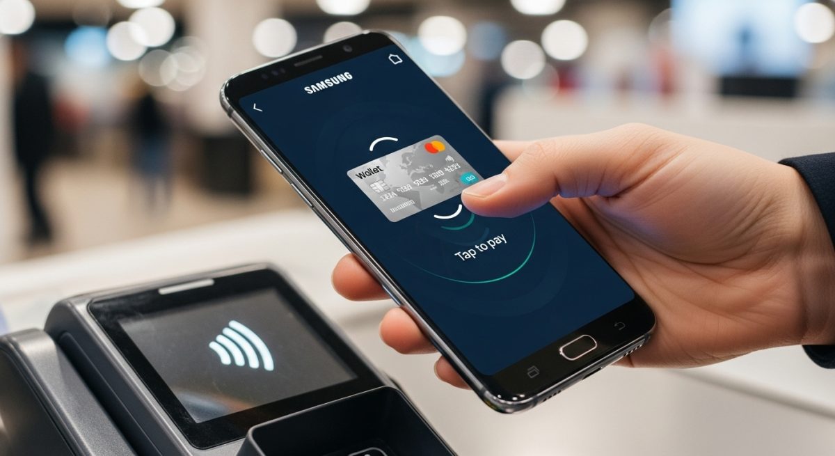 Mano sosteniendo un smartphone Samsung en pago contactless en tienda