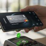 Mano sosteniendo un smartphone Samsung en terminal de pago