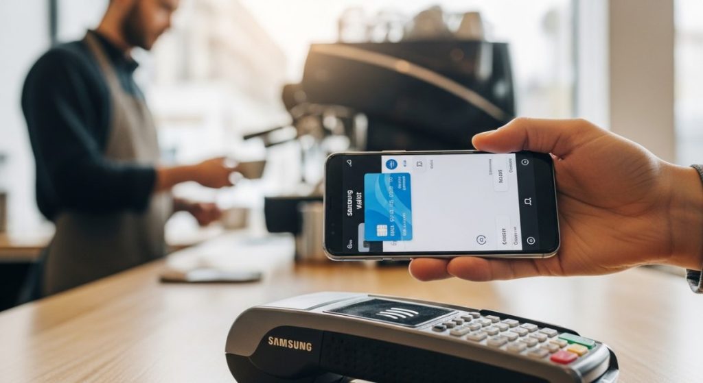 Mano sosteniendo un smartphone Samsung frente a terminal de pago
