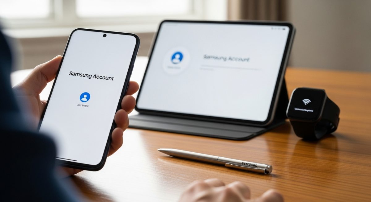 Mano sosteniendo un smartphone Samsung Galaxy mostrando configuración de cuenta