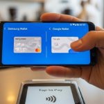 Mano sosteniendo un smartphone Samsung sobre terminal de pago