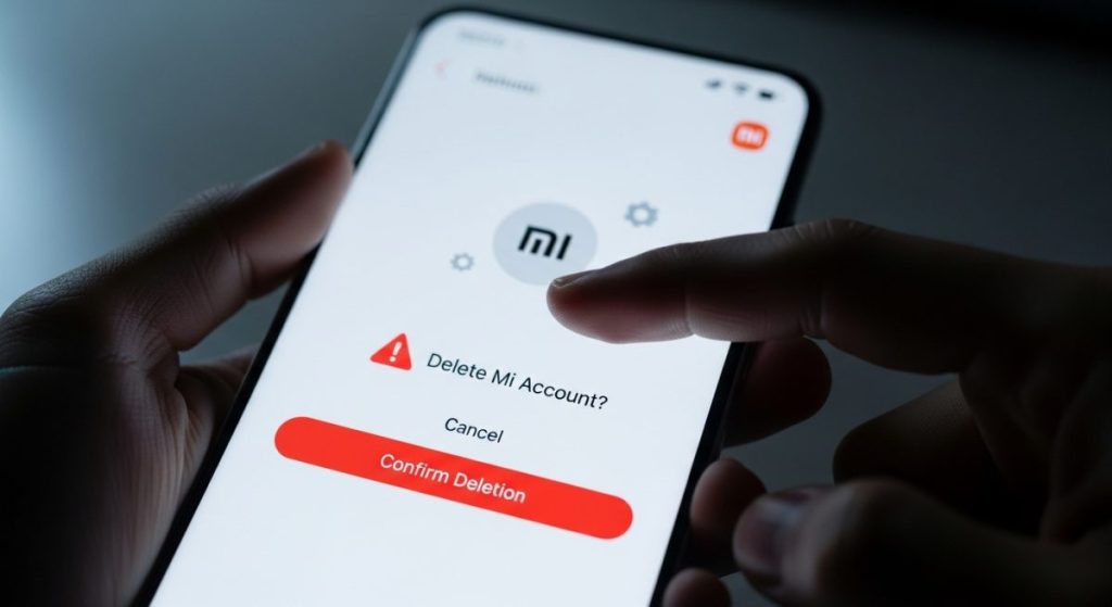 Mano sosteniendo un smartphone Xiaomi con alerta de eliminación de cuenta