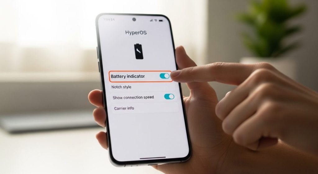 Mano sosteniendo un smartphone Xiaomi mostrando la interfaz HyperOS