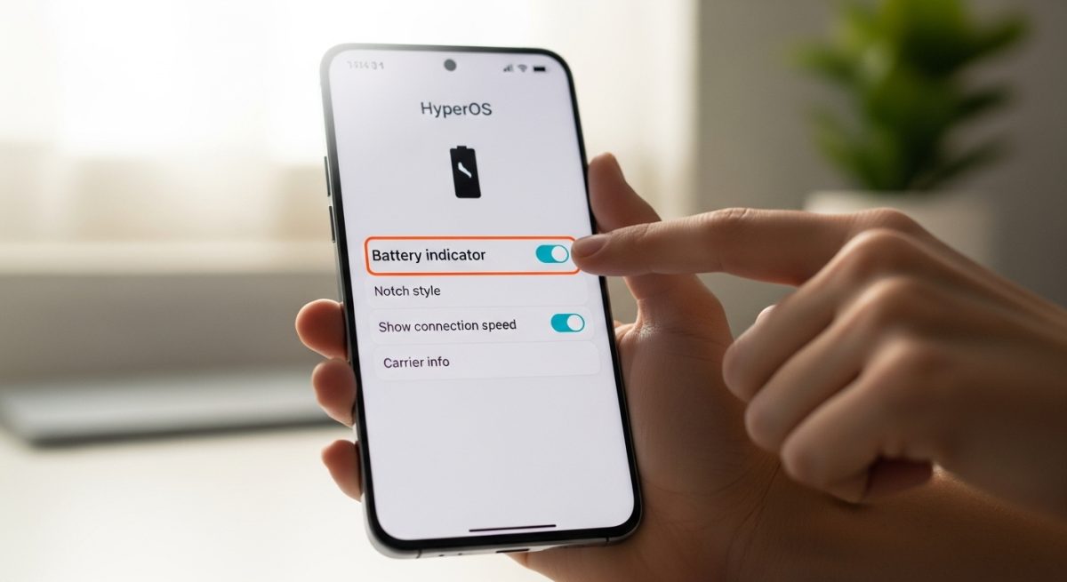 Mano sosteniendo un smartphone Xiaomi mostrando la interfaz HyperOS
