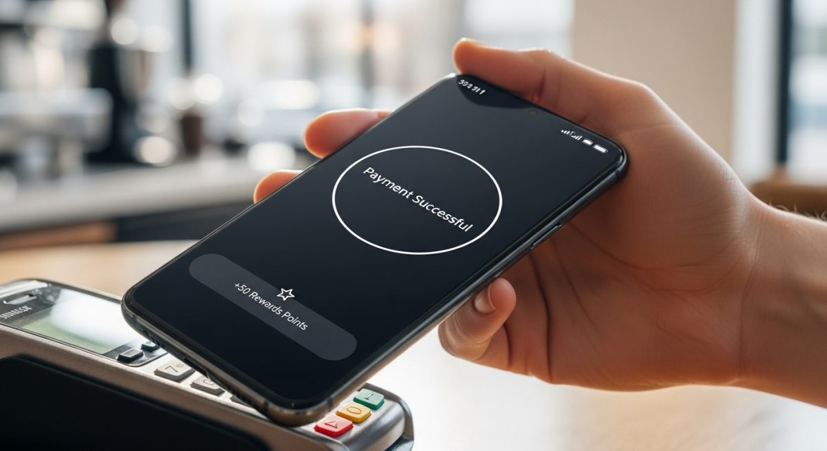 Mano sosteniendo un teléfono Samsung Galaxy haciendo un pago NFC