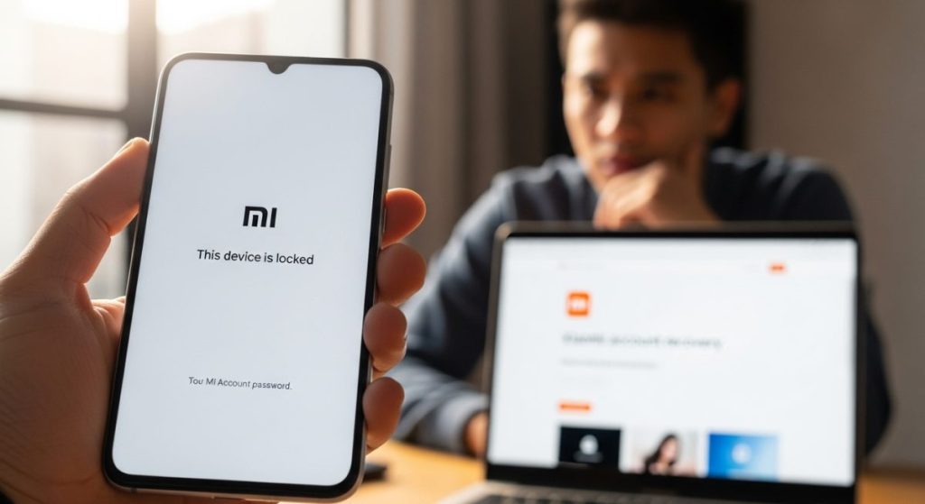 Mano sosteniendo un teléfono Xiaomi bloqueado con logo Mi visible